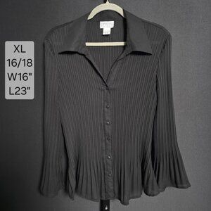 Bethany Blouse XL 16/18 Black Pleated Plissé Button Up Shirt Bell Sleeve Y2K